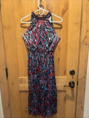 Sleeveless Halter Midi Dress in Pink & Blue
